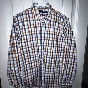 Mens Small Navy Tan Plaid Button-Up Dress long sleeve Shirt Preppy Casual